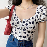 Ebbgo  Square Neck Floral Pink Blouse Short Sleeve Crop Top Women Fashion Cropped Bustier Top Summer Vintage Shirt Puff Sleeve Blouses