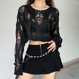 y2k outfits Knitted Blouse T Top Summer and Autumn Women's Clothing Hot Girl Sexy Ripped Dark Hollow Long Sleeve