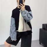 2000s fashion Denim Stitching Twist New Sweater Women's Spring and Autumn Pullover Top Slimming Temperament Loose Sweater Women's Clothing