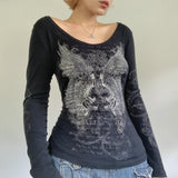 grunge outfits New Retro Style round Neck Hot Girl Wings Printed Rhinestone Long Sleeve T-shirt Top Bottoming Shirt