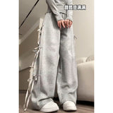 old money outfits men Women's Bowknot Lace-up Sports Pants Spring and Autumn 2024 New Loose Gray Casual Wide-Leg Pants Sweatpants