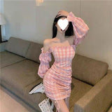 harajuku dress to impress Anchor Clothes Women's Elegant Small Puff Sleeves Slim Fit Pink Sexy off-Shoulder Dress Autumn