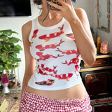 90s streetwear American Style Personalized Trendy Women's Clothing Koi Printed Sleeveless Vest Slim Fit Summer New Casual Style Top