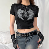 y2k Street Fashion Women's Solid Color round Neck Printed Slim Short Sexy T-shirt Fashion