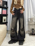 grunge dti American-Style Retro Black Stitching Ripped Jeans Women's High Street Loose Straight Wide-Leg Mopping Pants