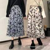 church outfit Flocking Skirt Women's Spring and Summer New Mesh Pleated Japanese Skirt A- Line Skirt Floral Spring Skirt