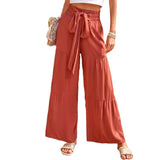 western outfits women Summer Women's Fashion Lace-up Stitching High Waist Pleated Wide-Leg Pants Casual Solid Color Loose Trousers