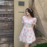 outfit inspo Sweet Taro Cheese Pink Floral Skirt Sweet Bow Short Sleeve Dress Women's Spring and Summer New Fashion