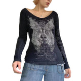 grunge outfits New Retro Style round Neck Hot Girl Wings Printed Rhinestone Long Sleeve T-shirt Top Bottoming Shirt