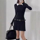 autumn dress Fake Two-Piece Solid Color Knitted Dress Women's Autumn Slim Fit Pleated Skirt Hot Girl Short Skirt X2433