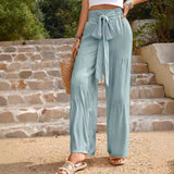 western outfits women Summer Women's Fashion Lace-up Stitching High Waist Pleated Wide-Leg Pants Casual Solid Color Loose Trousers