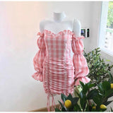 harajuku dress to impress Anchor Clothes Women's Elegant Small Puff Sleeves Slim Fit Pink Sexy off-Shoulder Dress Autumn