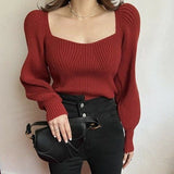 90s streetwear Bottoming Shirt Lantern Sleeve Short Pullover Sweater Top Women's Style Autumn and Winter French Niche Square Collar Sweater Women