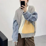 2000s fashion Denim Stitching Twist New Sweater Women's Spring and Autumn Pullover Top Slimming Temperament Loose Sweater Women's Clothing