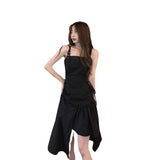 cybergoth dress to impress Sweet Cool Style Small Strap Small Black Dress New Dark Irregular Strap Dress Women