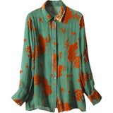 business casual outfits Green Artificial Silk Shirt Women's Niche Contrast Color Jacquard Mulberry Silk Chiffon Shirt Long Sleeve Loose Women's