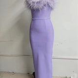 classy demure mindful dress to impress Autumn New Sexy Tube Top Light Purple Feather Elegant Tight Slimming Long Bandage Dress