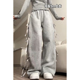 old money outfits men Women's Bowknot Lace-up Sports Pants Spring and Autumn 2024 New Loose Gray Casual Wide-Leg Pants Sweatpants