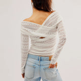 2000s fashion New Sexy off Shoulder Lace T-shirt Top Women's Knot Cross Irregular Long Sleeve Top 