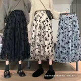 Ebbgo church outfit Flocking Skirt Women's Spring and Summer New Mesh Pleated Japanese Skirt A- Line Skirt Floral Spring Skirt