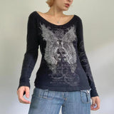 grunge outfits New Retro Style round Neck Hot Girl Wings Printed Rhinestone Long Sleeve T-shirt Top Bottoming Shirt