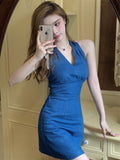 90s streetwear  New Hong Kong Style Retro V-neck Sleeveless Backless Halter Small Denim Dress Fashion