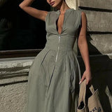 classy demure mindful dress to impress Summer New Women's Solid Color Zipper Waist Slim Sleeveless Long Dress