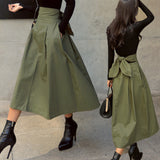 Ebbgo 2000s fashion Three-Color Skirt Spring and Autumn A- line Umbrella Skirt Super Popular Bow Large Swing Skirt Slim Waist Dress