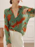 business casual outfits Green Artificial Silk Shirt Women's Niche Contrast Color Jacquard Mulberry Silk Chiffon Shirt Long Sleeve Loose Women's