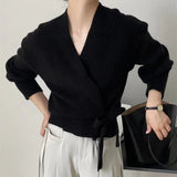 teacher outfits Knitwear Bow Strap V-neck Women's High Waist Cardigan Sweater Women's Coat Outer Top French Style