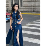 frat boy outfits American Hot Girl Hollow-out Waist Denim Dress Women's Summer 2024 New Retro Temperament Sleeveless Split Dress