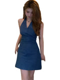 90s streetwear  New Hong Kong Style Retro V-neck Sleeveless Backless Halter Small Denim Dress Fashion