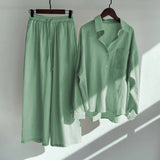 90s streetwear Women's 2-Piece Retro plus Size Cotton and Linen Shirt Suit High Waist Loose Trousers