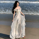 Ebbgo divine being dress to impress Summer Seaside Holiday Style Beach Suspender Skirt Yarn French Ruffled One-Piece Dress