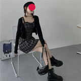 grunge outfits Korean Style 100.00kg plus Size Women's Retro Versatile Sexy Slim Fit Wooden Ear Plaid Sling Dress