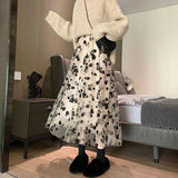 church outfit Flocking Skirt Women's Spring and Summer New Mesh Pleated Japanese Skirt A- Line Skirt Floral Spring Skirt