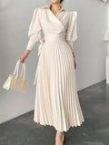 work outfits women Summer New Simple Polo Collar Tight Waist Lace-up Pleated Long Dress