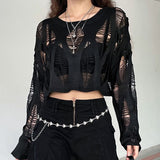 y2k outfits Knitted Blouse T Top Summer and Autumn Women's Clothing Hot Girl Sexy Ripped Dark Hollow Long Sleeve