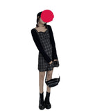 grunge outfits Korean Style 100.00kg plus Size Women's Retro Versatile Sexy Slim Fit Wooden Ear Plaid Sling Dress