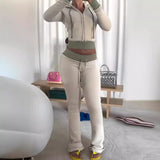 outfit inspo 2024 Autumn and Winter Street Hooded Stitching Sweater Coat American Contrast Color Waist Head Stitching Micro-Pull Knitted Sweatpants Suit