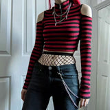 y2k outfits Contrast Color Striped off-the-Shoulder Slim-Fit Short Knitted Long-Sleeved T-shirt Top Spring New