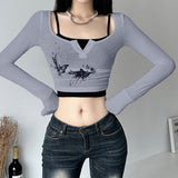 y2k outfits Style Two-Piece Butterfly Print Hot Girl T-shirt Early Autumn Women's New Short Slim Bottoming Long-Sleeved Top