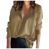 black men fashion urban Pullover V-neck Solid Color Elegant Commuter Satin Long Sleeve Shirt for Women