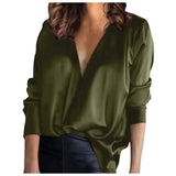 black men fashion urban Pullover V-neck Solid Color Elegant Commuter Satin Long Sleeve Shirt for Women