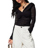 2000s fashion New Sexy off Shoulder Lace T-shirt Top Women's Knot Cross Irregular Long Sleeve Top 