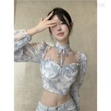 church outfit Floral Bubble Long-Sleeved Shirt for Women Spring New French Style Hot Girl Waist-Exposed Shirt Wooden Ear Lace-up Chiffon Top