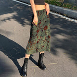 Ebbgo grunge outfits American Retro Style Printed Ink Blooming High Waist Skirt Autumn and Winter Contrast Color Slim Fit Hot Girl Straight Dress