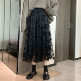 church outfit Flocking Skirt Women's Spring and Summer New Mesh Pleated Japanese Skirt A- Line Skirt Floral Spring Skirt