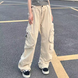 90s fashion Large Pocket Workwear Casual Pants Couple New Retro High Waist Straight Trousers Loose Slimming Wide Leg Denim