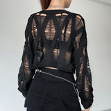 y2k outfits Knitted Blouse T Top Summer and Autumn Women's Clothing Hot Girl Sexy Ripped Dark Hollow Long Sleeve